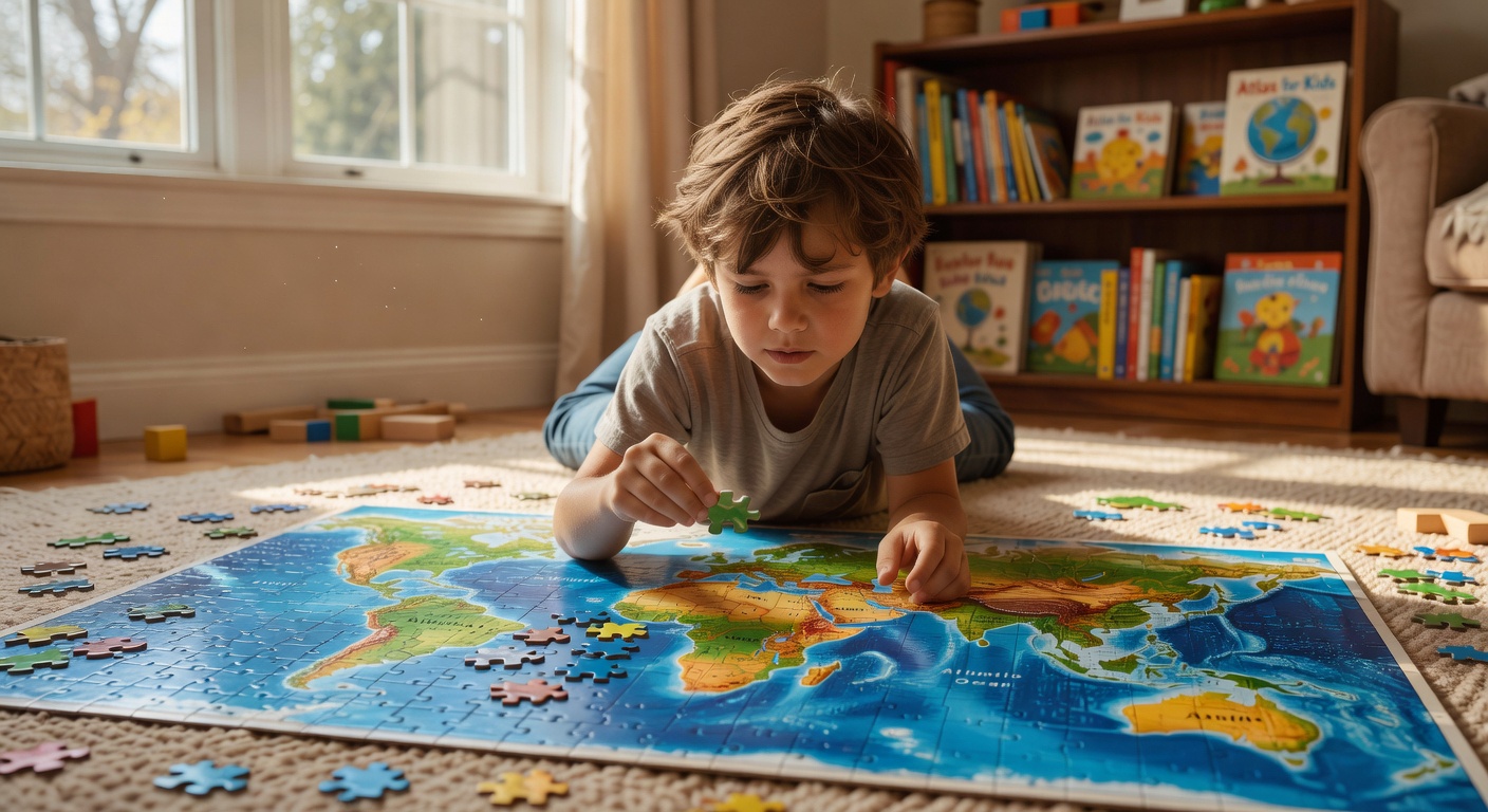 男の子が世界地図パズルに取り組んでいる