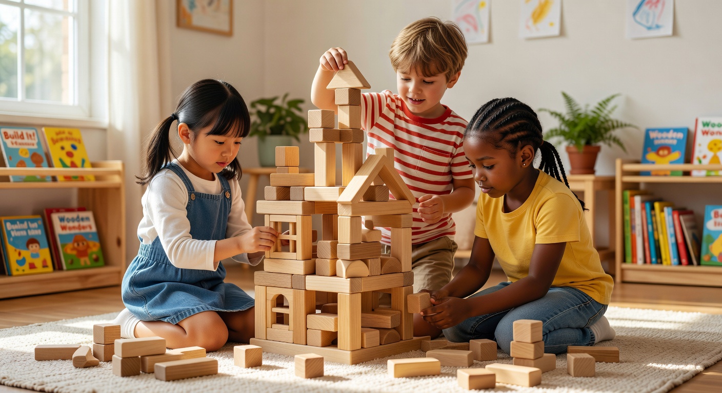 子どもたちが積み木でお家を作っている