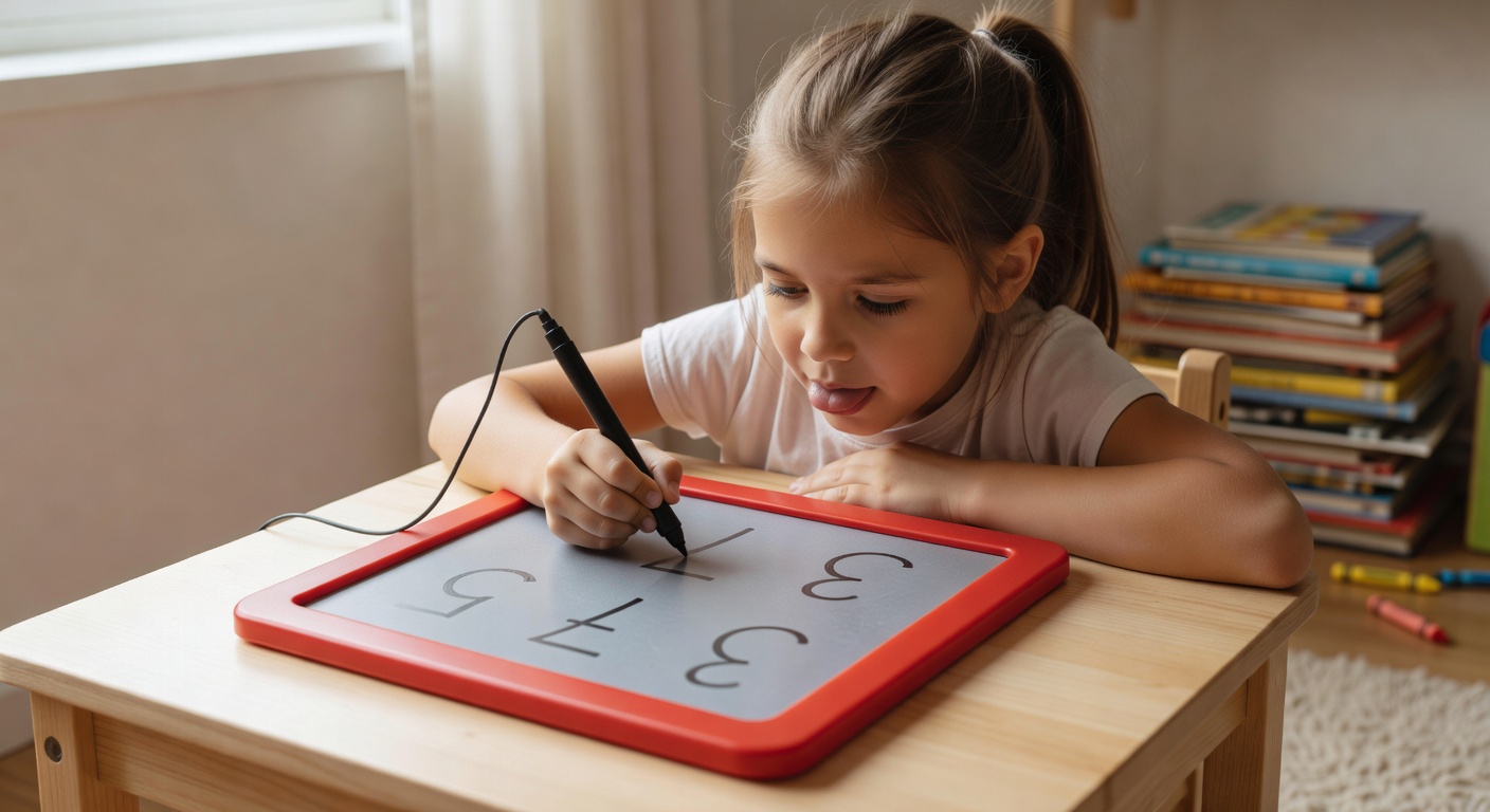 女の子が数字を磁気ボードに書いている